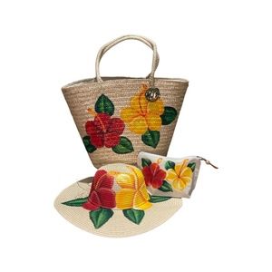 Floral Hand Painted Bag with Matching Hat & Makeup Bag !